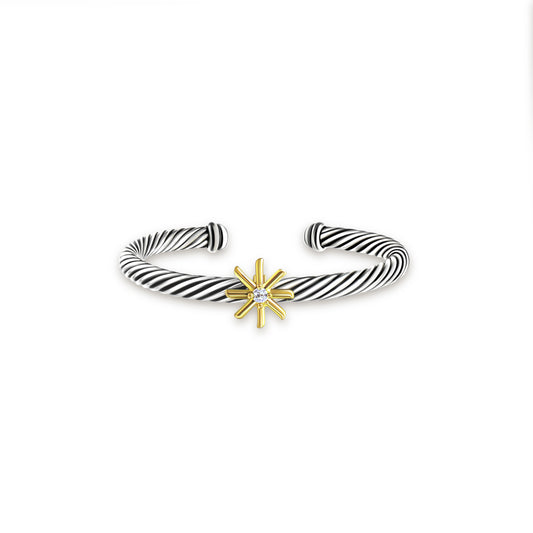 RYQEN “Starlight” twisted two-tone open bangle bracelet Gold Star Diamond Twist Bracelet-Adjustable bangles for women Vintage Style Starburst and Diamond Cuff Bracelet