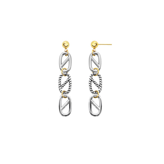 RYQEN DuoDrop Chain Fringe Earrings Two-tone metal fringe jewelry Geometric link drop earrings Festival fashion ear accessories TikTok viral chain earrings