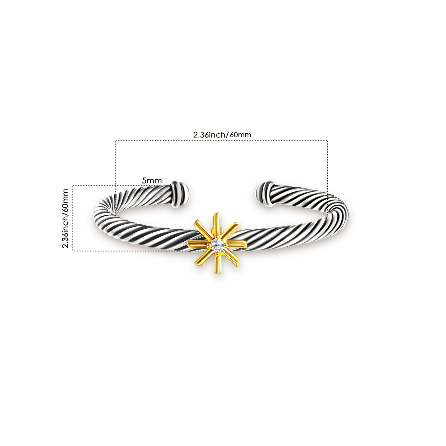 RYQEN “Starlight” twisted two-tone open bangle bracelet Gold Star Diamond Twist Bracelet-Adjustable bangles for women Vintage Style Starburst and Diamond Cuff Bracelet