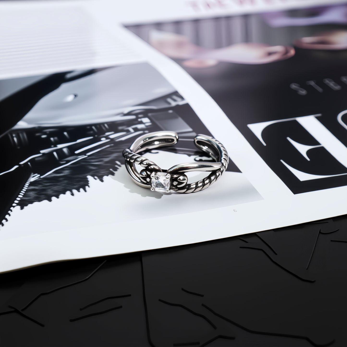 RYQEN “Entwined Eternity” Twisted Silver Ring Vintage Twist Diamond Adjustable Ring Adjustable open-end ring Black enamel accent ring Retro adjustable size ring TikTok viral vintage jewelry