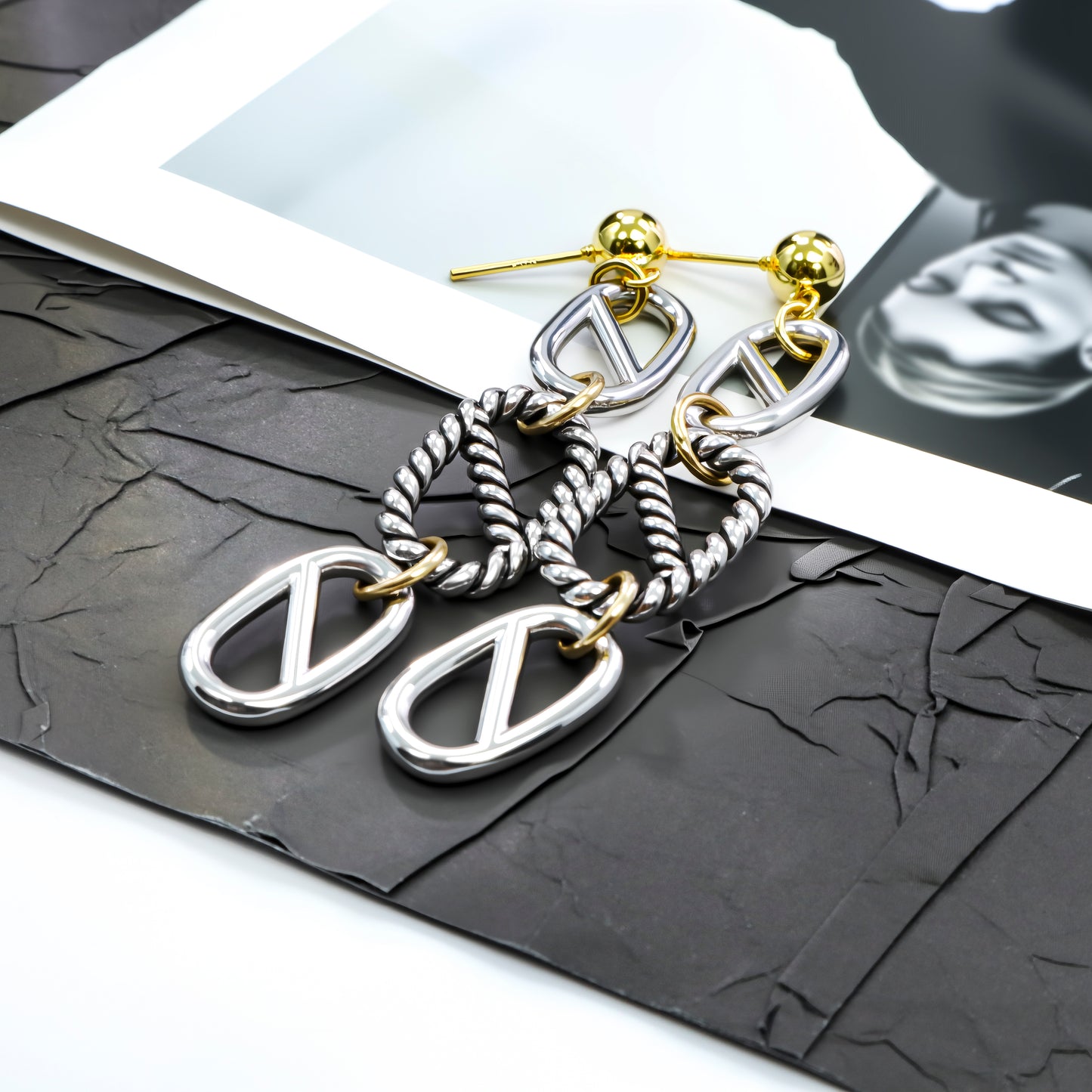 RYQEN DuoDrop Chain Fringe Earrings Two-tone metal fringe jewelry Geometric link drop earrings Festival fashion ear accessories TikTok viral chain earrings