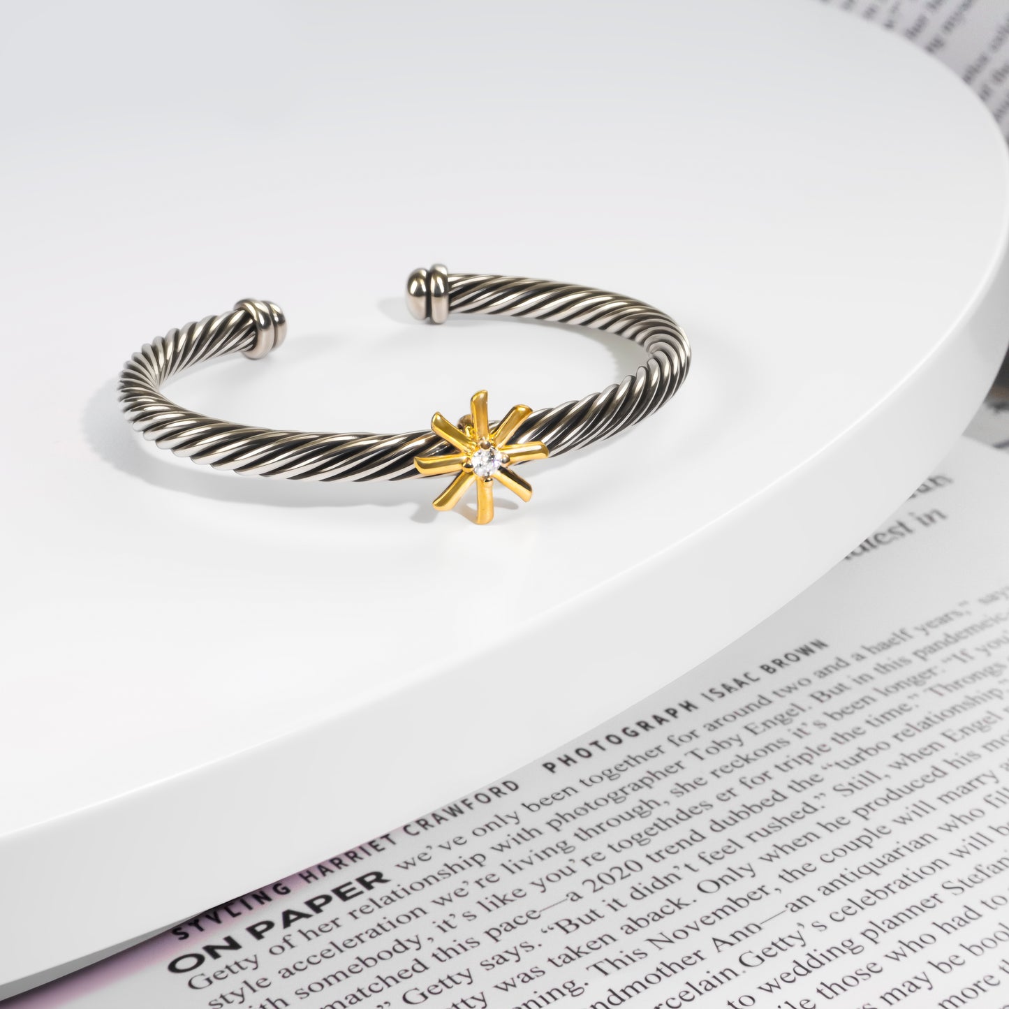 RYQEN “Starlight” twisted two-tone open bangle bracelet Gold Star Diamond Twist Bracelet-Adjustable bangles for women Vintage Style Starburst and Diamond Cuff Bracelet