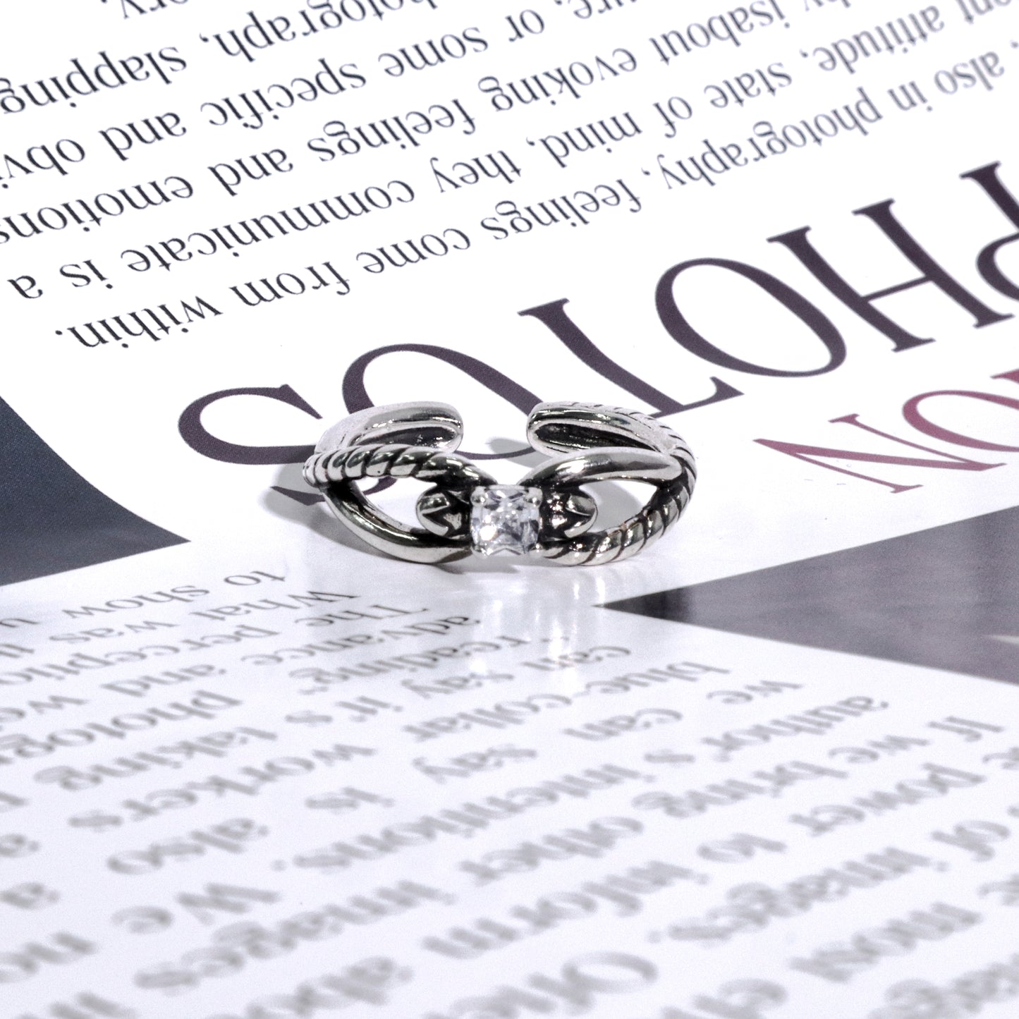 RYQEN “Entwined Eternity” Twisted Silver Ring Vintage Twist Diamond Adjustable Ring Adjustable open-end ring Black enamel accent ring Retro adjustable size ring TikTok viral vintage jewelry