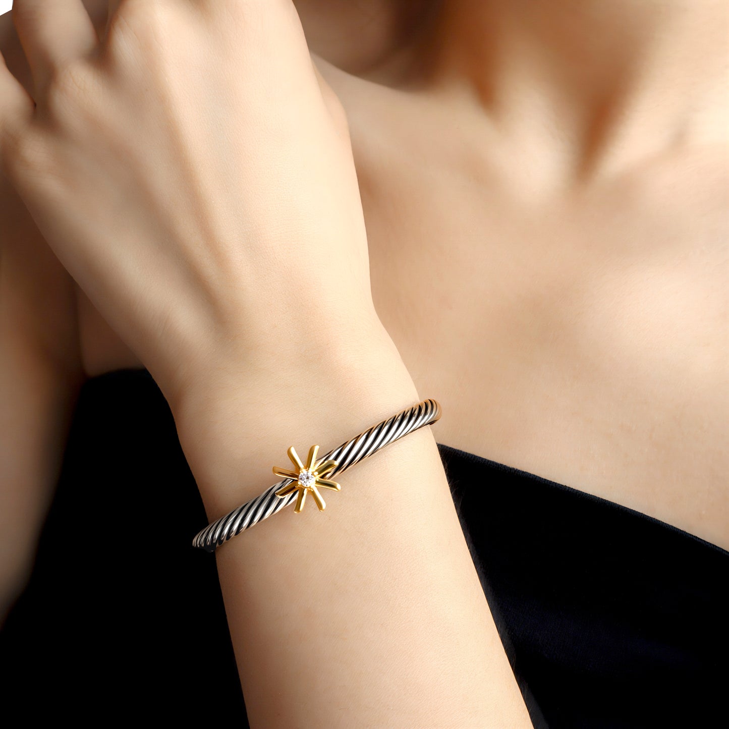 RYQEN “Starlight” twisted two-tone open bangle bracelet Gold Star Diamond Twist Bracelet-Adjustable bangles for women Vintage Style Starburst and Diamond Cuff Bracelet