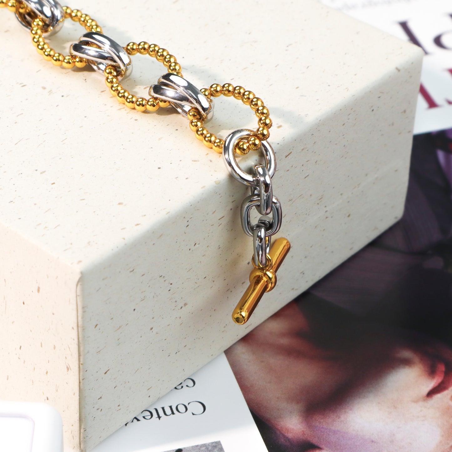 RYQEN Two - Tone Toggle Chain Bracelet OT clasp luxury Statement Bracelet Handcrafted oval link bracelet Dual-metal beaded chain jewelry TikTok viral jewelry 2025