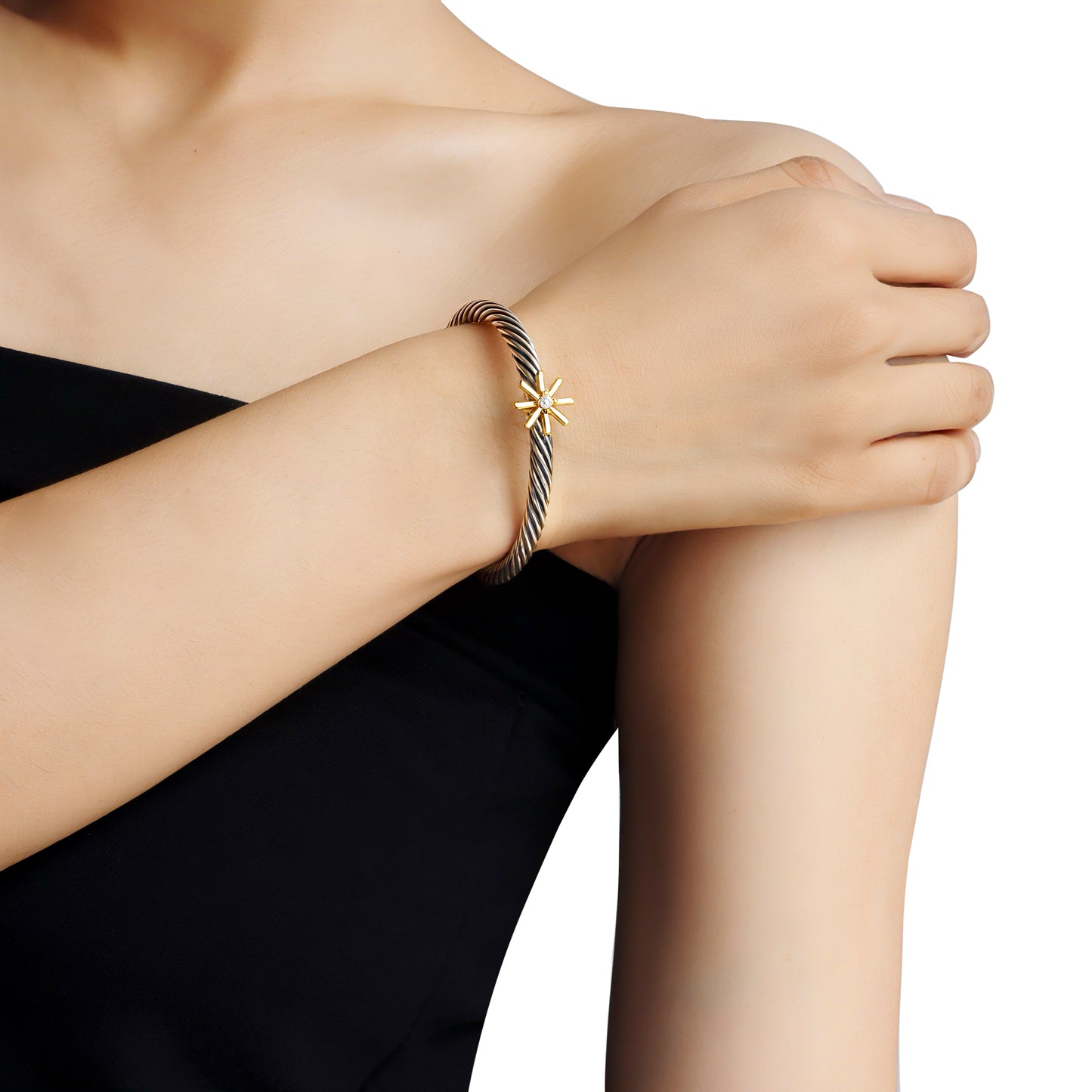 RYQEN “Starlight” twisted two-tone open bangle bracelet Gold Star Diamond Twist Bracelet-Adjustable bangles for women Vintage Style Starburst and Diamond Cuff Bracelet