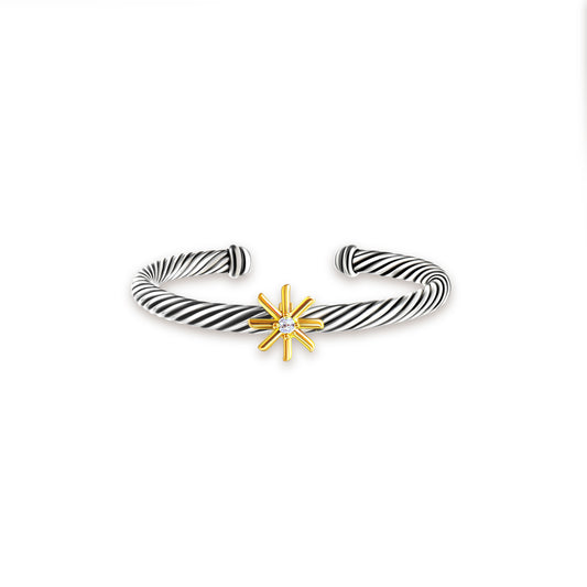 RYQEN “Starlight” twisted two-tone open bangle bracelet Gold Star Diamond Twist  Bracelet-Adjustable bangles for women Vintage Style Starburst and Diamond Cuff Bracelet