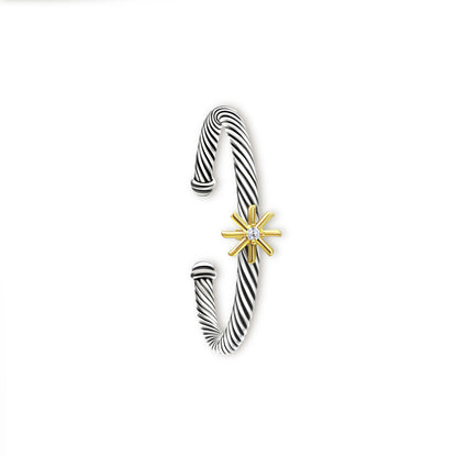 RYQEN “Starlight” twisted two-tone open bangle bracelet Gold Star Diamond Twist  Bracelet-Adjustable bangles for women Vintage Style Starburst and Diamond Cuff Bracelet