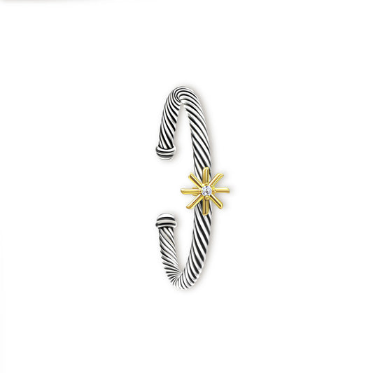 RYQEN “Starlight” twisted two-tone open bangle bracelet Gold Star Diamond Twist  Bracelet-Adjustable bangles for women Vintage Style Starburst and Diamond Cuff Bracelet