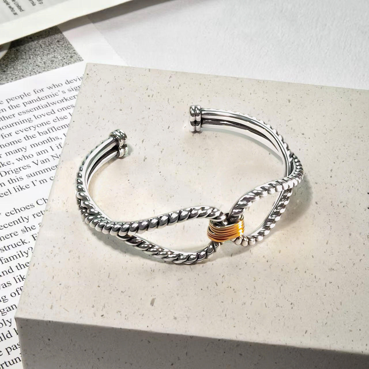RYQEN Gold Wrapped Silver Wings Duplex Twisted Open Bangle cufflink bracelwt for women Dainty Heart Zirconia Bracelet,Fashion Chain Link Bangle for Women & Girls