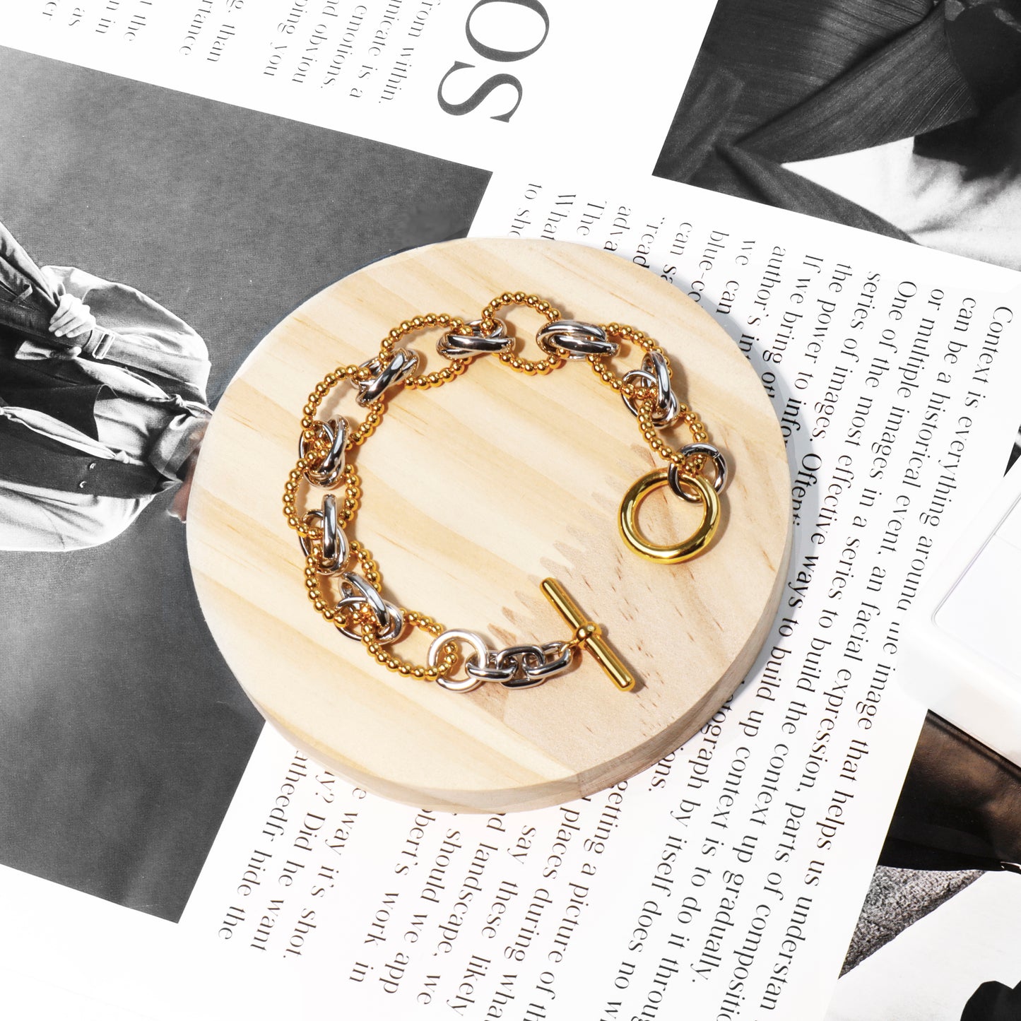 RYQEN Two - Tone Toggle Chain Bracelet OT clasp luxury Statement Bracelet Handcrafted oval link bracelet Dual-metal beaded chain jewelry TikTok viral jewelry 2025