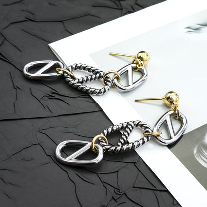 RYQEN DuoDrop Chain Fringe Earrings Two-tone metal fringe jewelry Geometric link drop earrings Festival fashion ear accessories TikTok viral chain earrings
