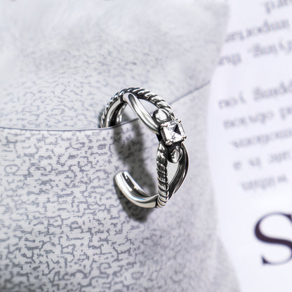 RYQEN “Entwined Eternity” Twisted Silver Ring Vintage Twist Diamond Adjustable Ring Adjustable open-end ring Black enamel accent ring Retro adjustable size ring TikTok viral vintage jewelry