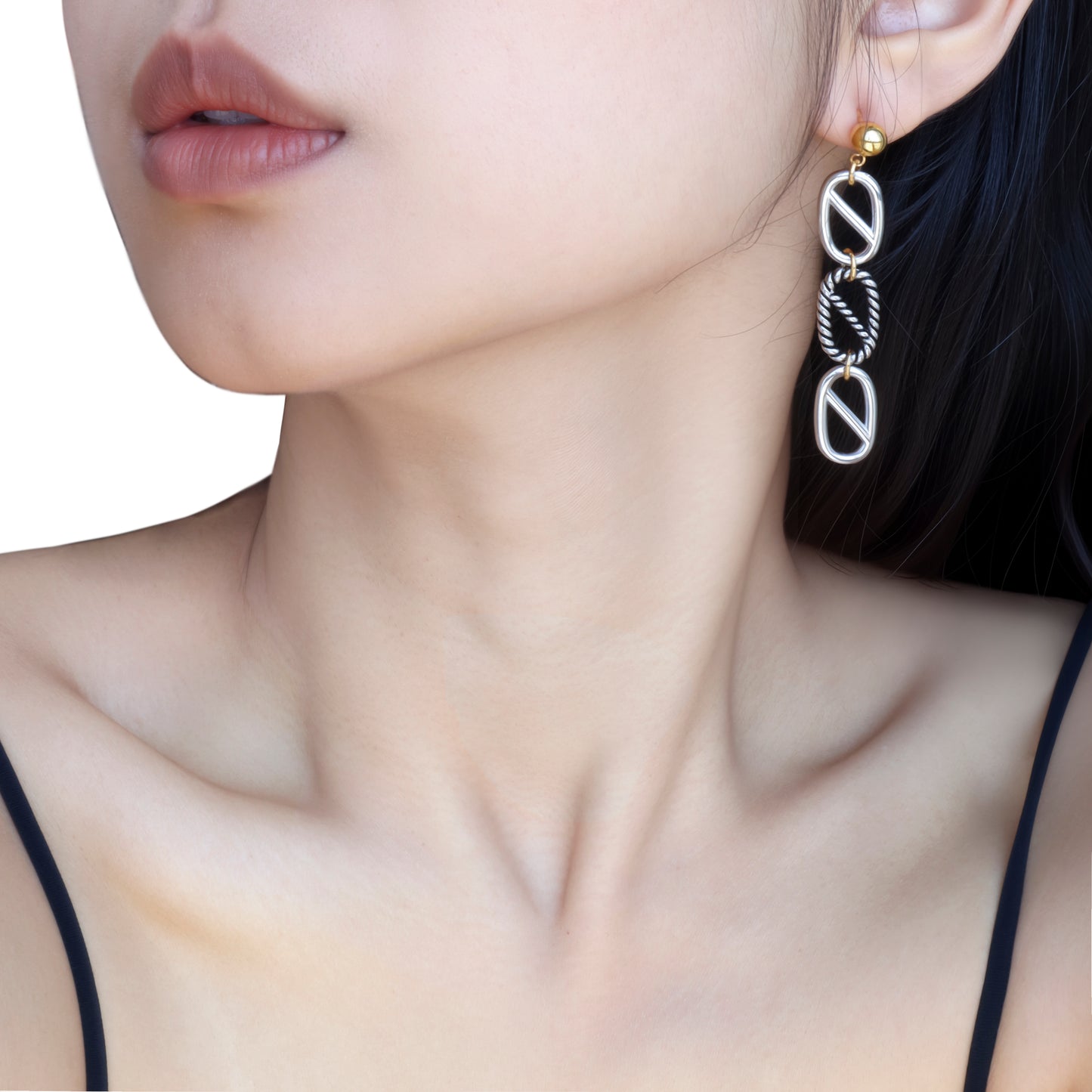 RYQEN DuoDrop Chain Fringe Earrings Two-tone metal fringe jewelry Geometric link drop earrings Festival fashion ear accessories TikTok viral chain earrings