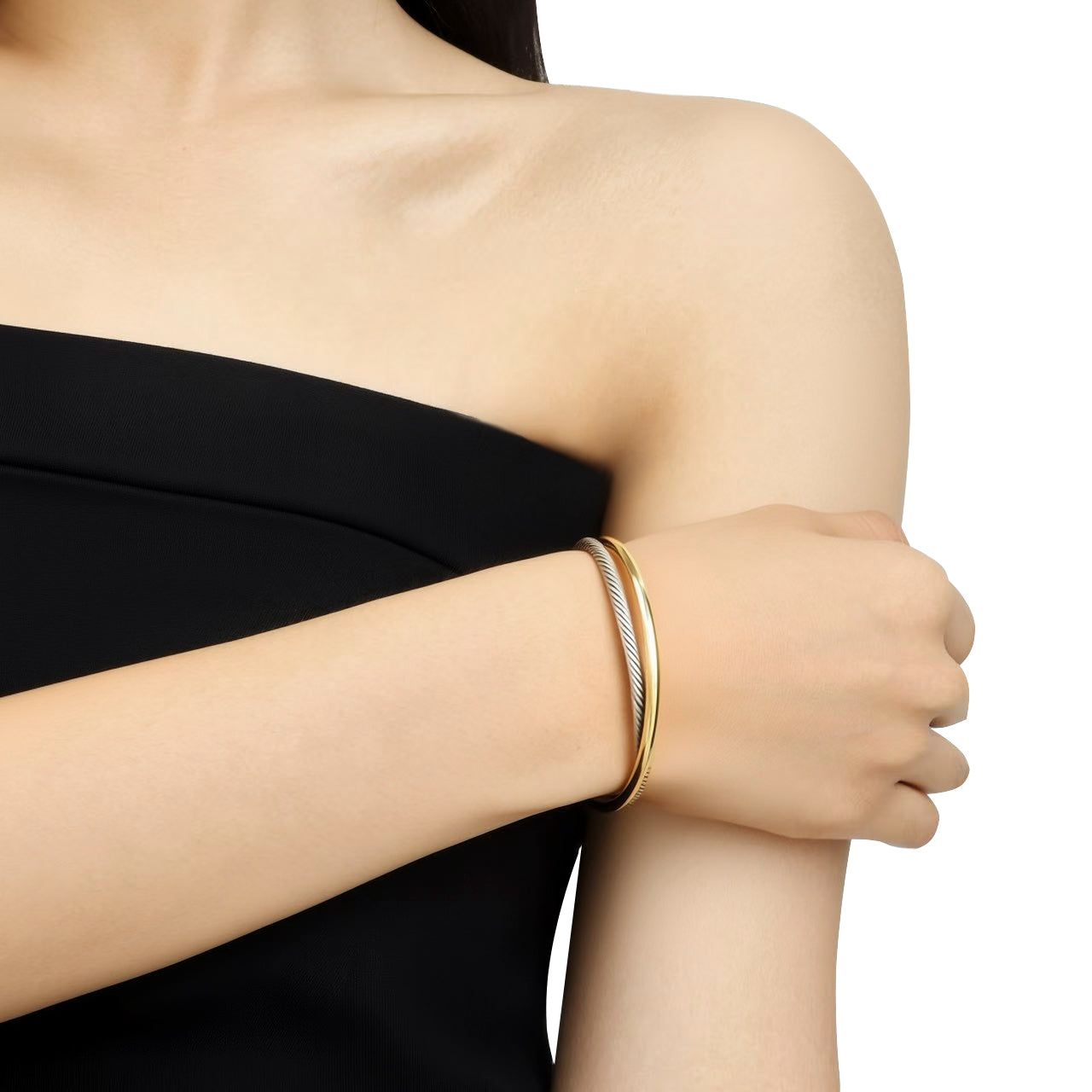 RYQEN Rope chain + smooth metal cuff Interlocked glossy & textured jewelry Statement piece for outfit elevation