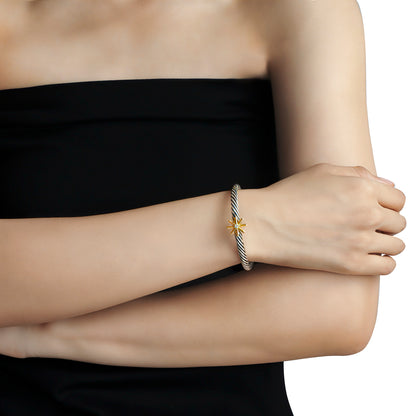 RYQEN “Starlight” twisted two-tone open bangle bracelet Gold Star Diamond Twist  Bracelet-Adjustable bangles for women Vintage Style Starburst and Diamond Cuff Bracelet