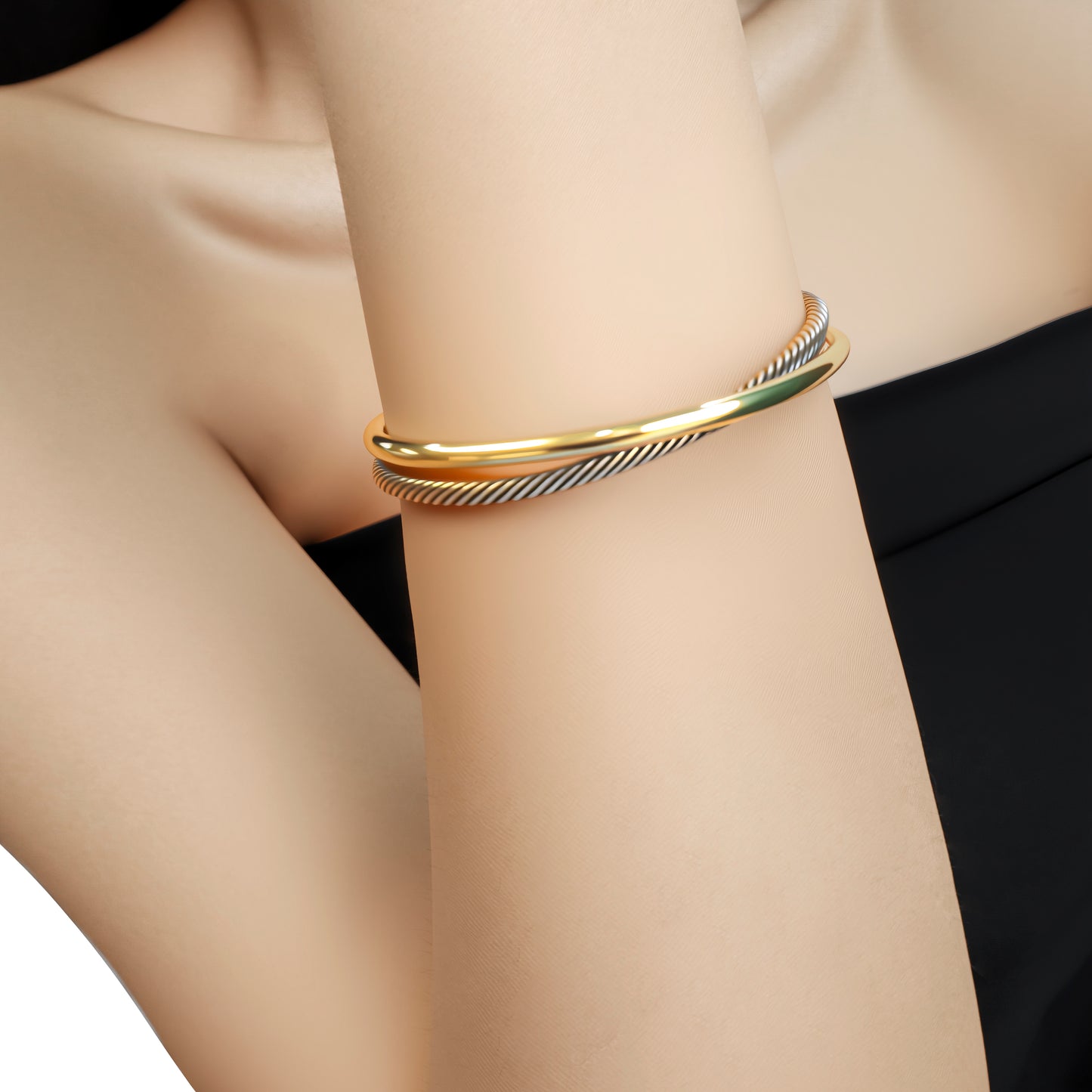 RYQEN Rope chain + smooth metal cuff Interlocked glossy & textured jewelry Statement piece for outfit elevation